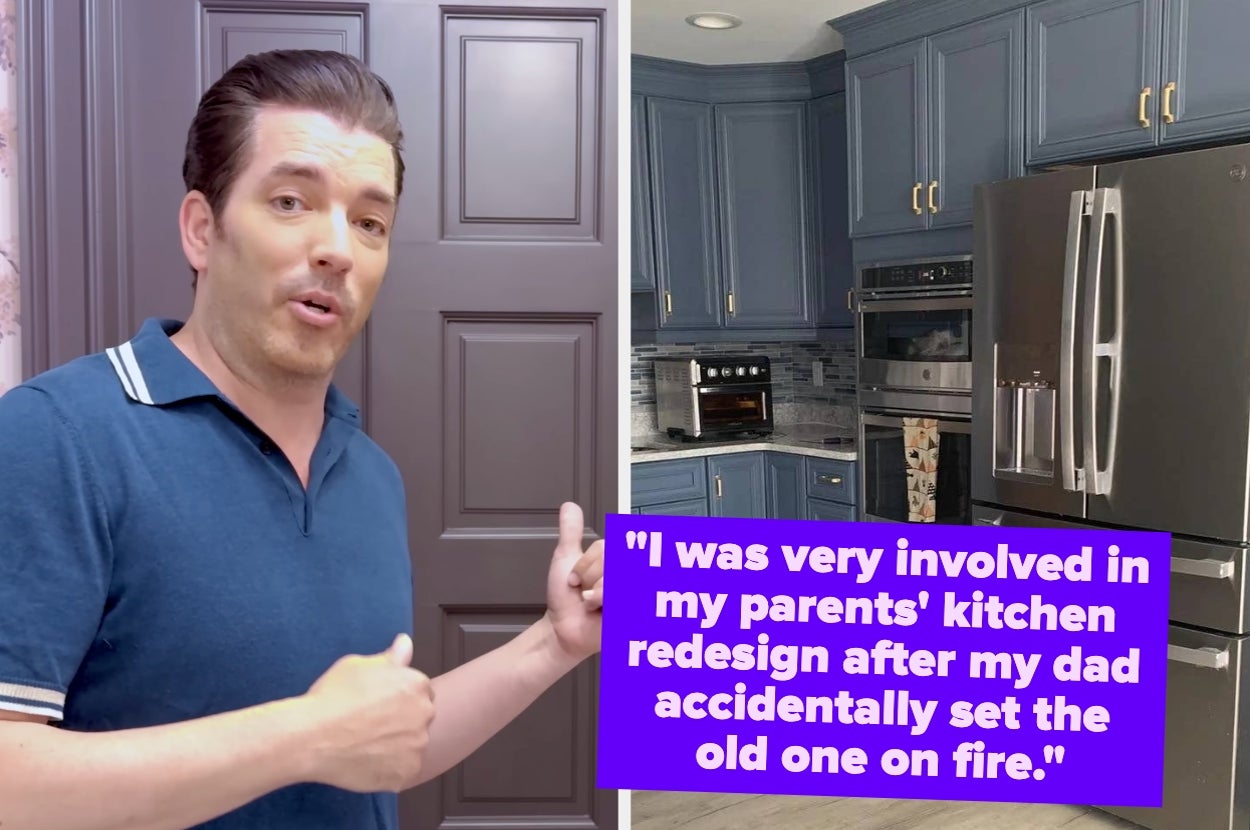Man gesturing toward kitchen; text reads: "I was very involved in my parents' kitchen redesign after my dad accidentally set the old one on fire."