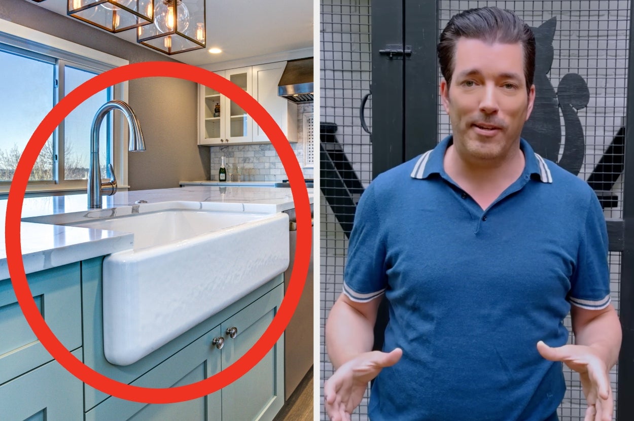 Split image with a kitchen sink circled on the left and a person in a casual blue polo shirt speaking on the right
