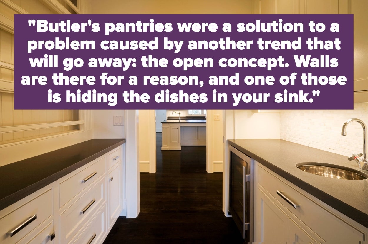 Quote about butler's pantries in kitchens, emphasizing their role in solving issues with open concept designs by hiding dishes