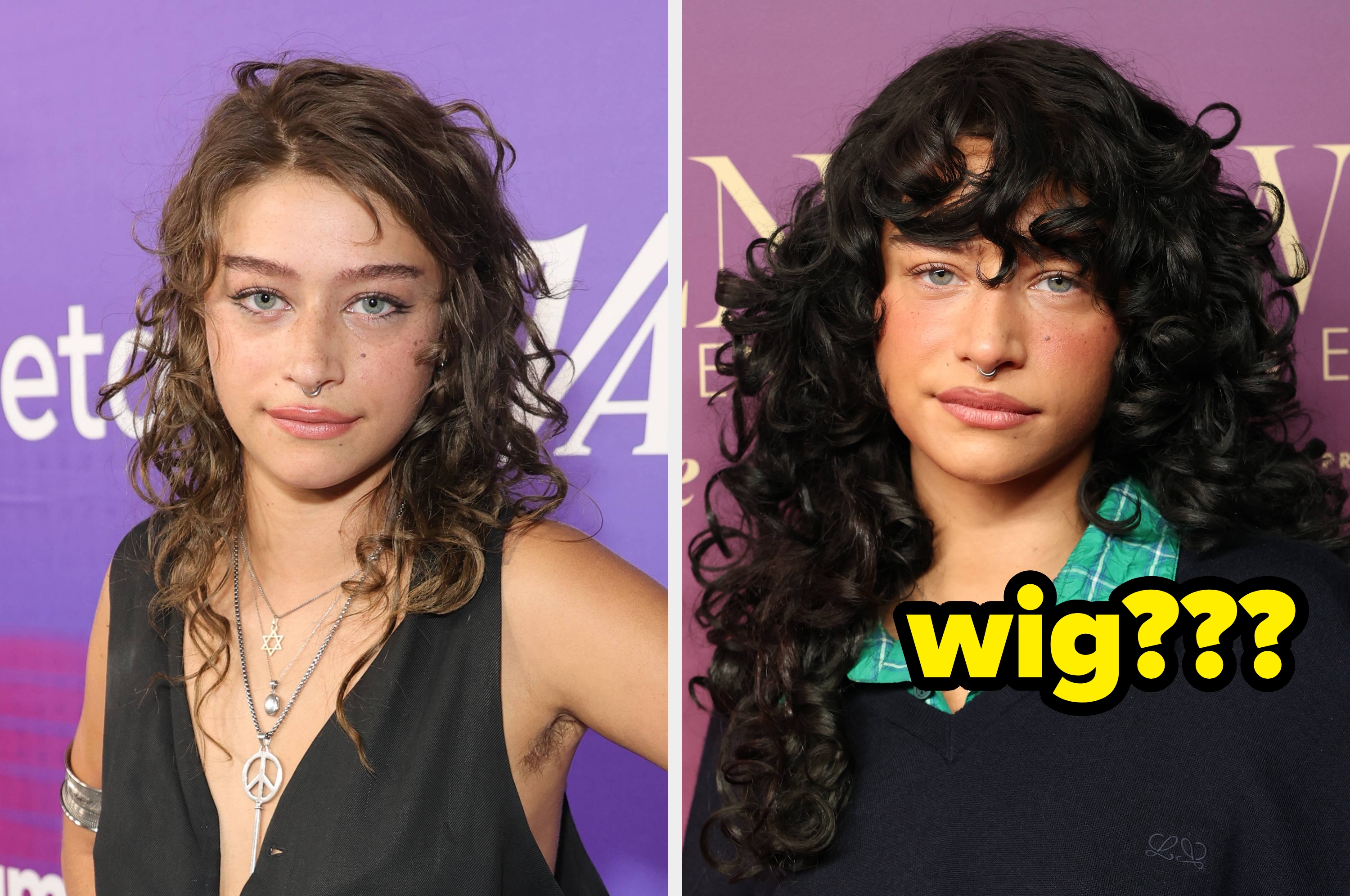 Two images of a person. Left: wearing a sleeveless top, peace symbol necklace, wavy hair. Right: in a curly wig, black top, with text "is this a wig?"