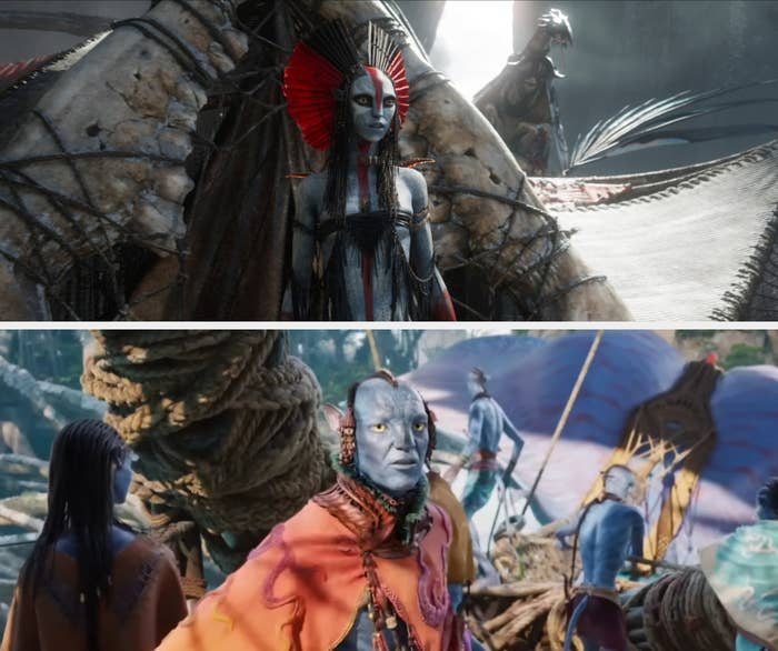 Two scenes from a sci-fi movie showing alien characters in elaborate tribal-inspired costumes with distinctive headdresses and detailed accessories