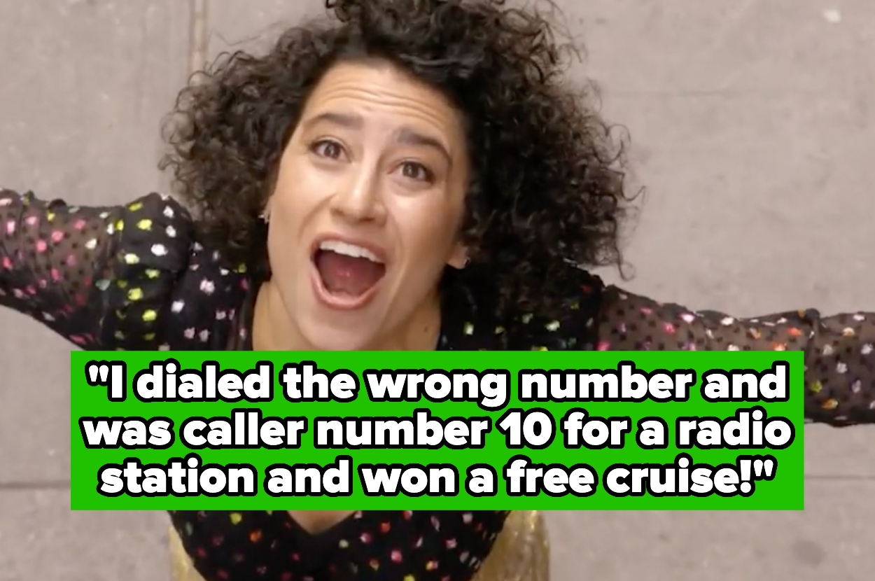 Woman excitedly looking up, with text: "I dialed the wrong number and was caller number 10 for a radio station and won a free cruise"