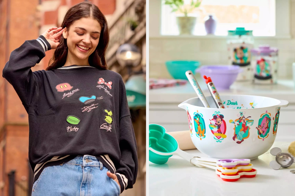 Person in street style outfit with a graphic sweatshirt; playful kitchen items featuring cartoon characters and vibrant designs in the background