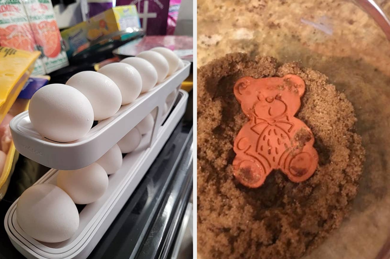Left: A stackable egg holder with eggs. Right: A bear-shaped object in brown sugar, often used to keep it soft