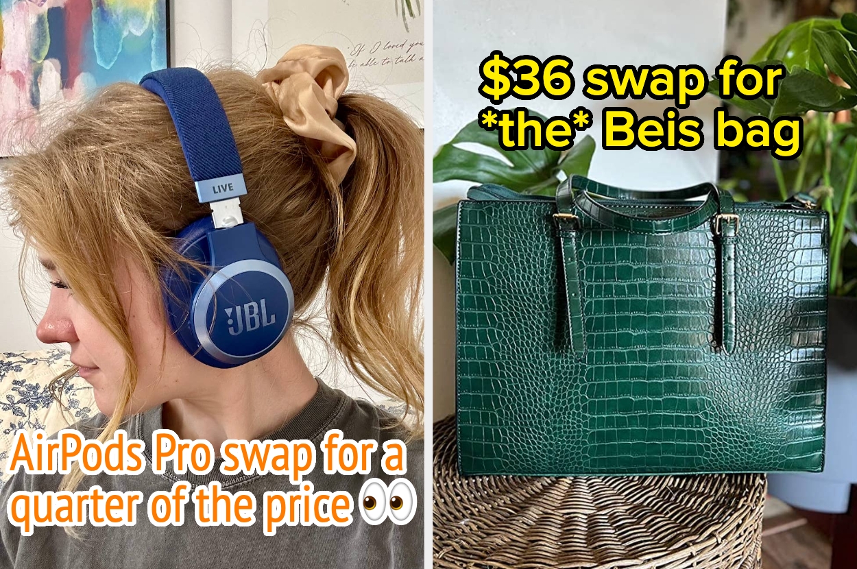 Woman wearing JBL headphones and a green bag resembling a Beis bag on display, with texts highlighting budget-friendly product swaps