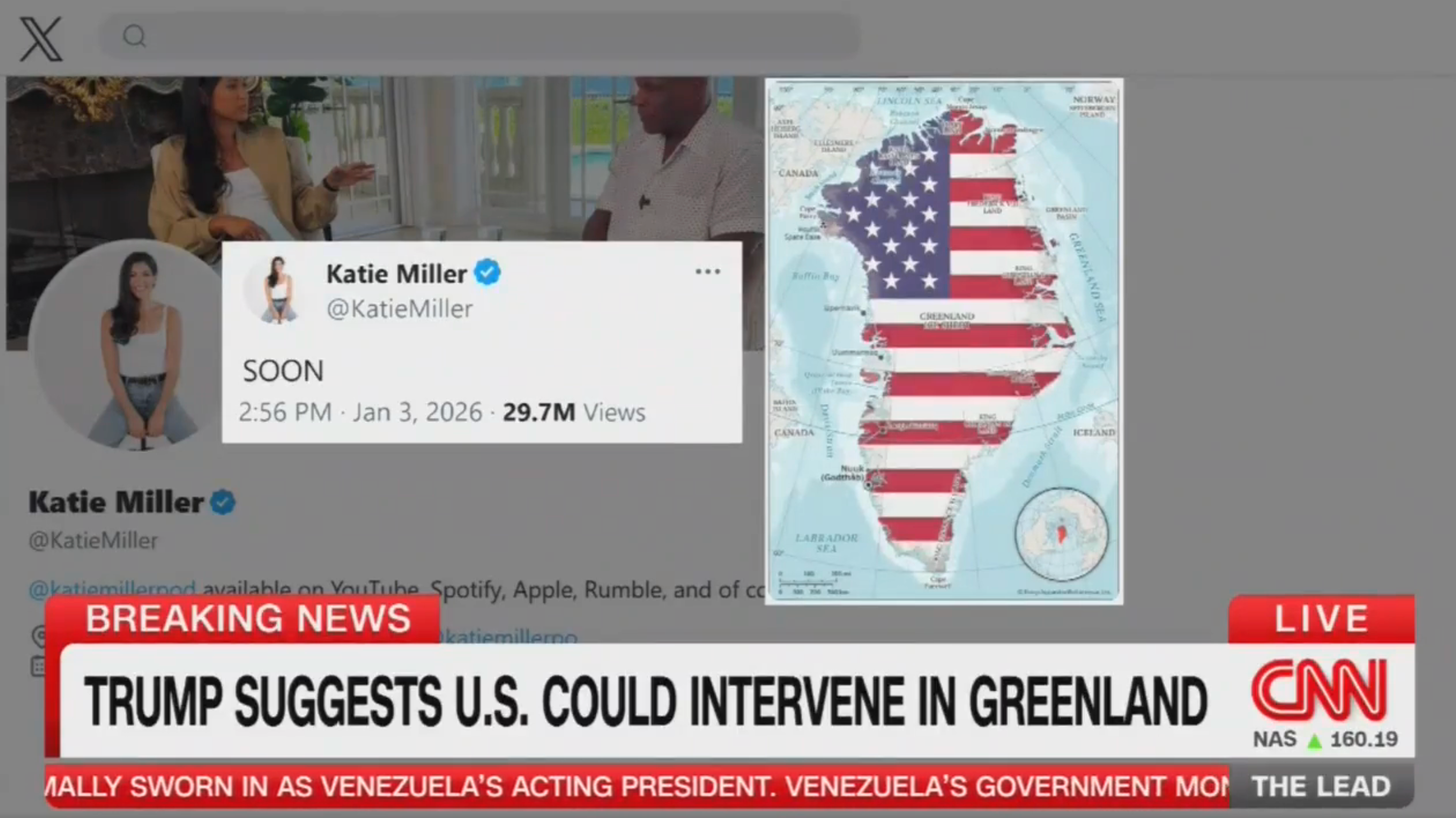 Screenshot of a CNN news segment showing a tweet by Katie Miller with the word "SOON" and 29.7M views, alongside a map of Greenland with the U.S. flag overlay