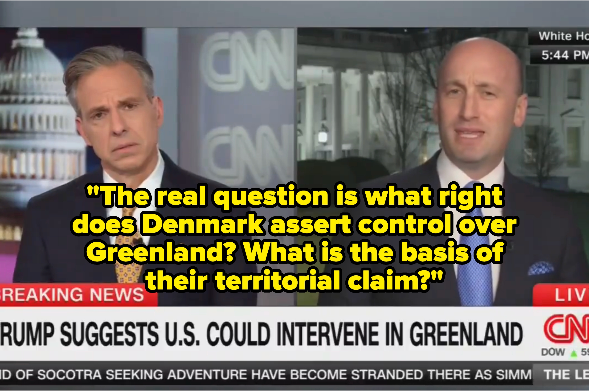Split-screen TV news segment; commentator questions Denmark's control over Greenland. Caption: "Trump suggests U.S. could intervene in Greenland."