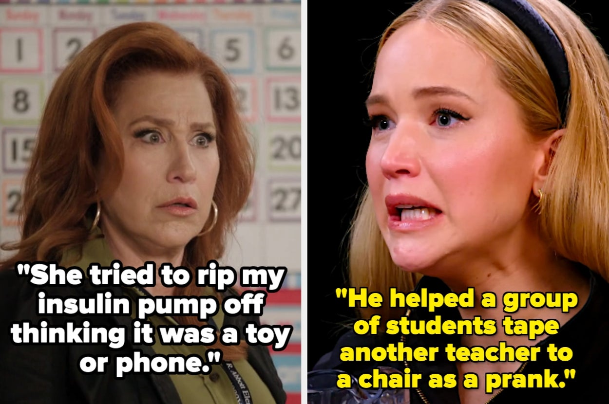 Two women appear shocked in separate images with captions about an insulin pump mix-up and a teacher prank involving taping a colleague to a chair