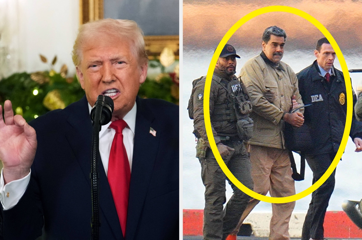 Left: Person speaking at podium. Right: Person in a jacket handcuffed, escorted by DEA agents