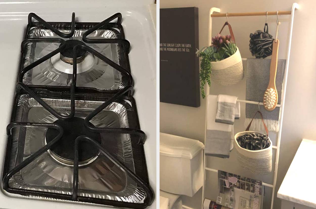 Kitchen stove top with foil drip pans; bathroom organizer with shelves holding towels, baskets, and a brush