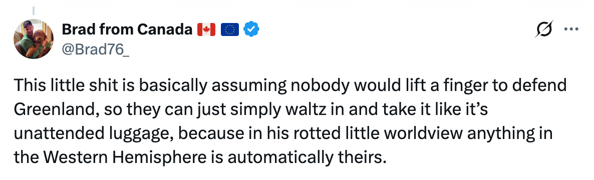 Tweet discussing the assumption that Greenland will face no defense, implying a worldview where Western Hemisphere assets are seen as up for grabs