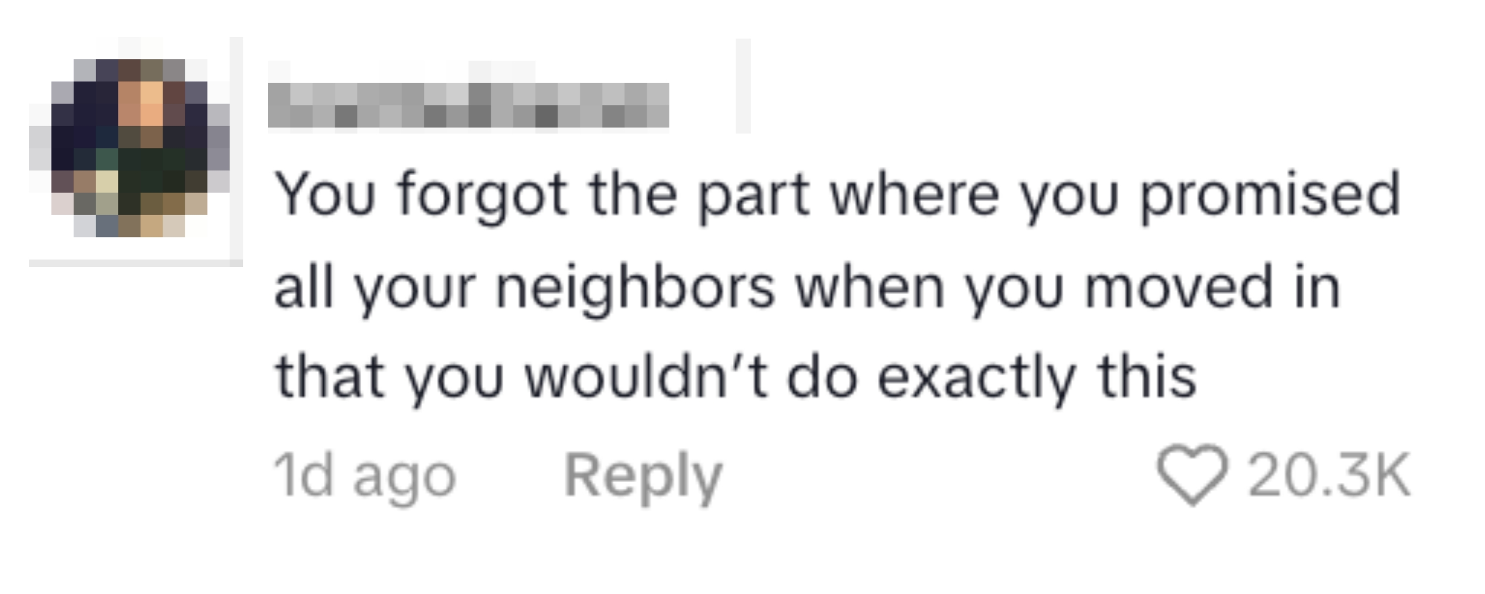 Kommentarskjermbilde: "Du glemte delen der du lovet alle naboene dine da du flyttet inn at du ikke ville gjøre akkurat dette." 20,3K liker