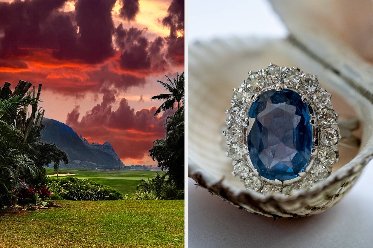 A scenic landscape with clouds, mountains, and palm trees on the left; a large blue gemstone ring with diamonds on the right