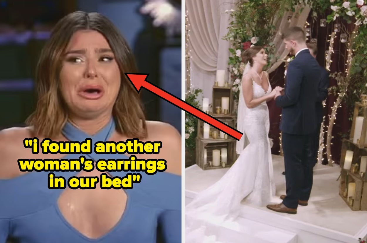 Split image: Left shows a distressed woman with caption about infidelity. Right shows a wedding couple exchanging vows, bride in a lace gown