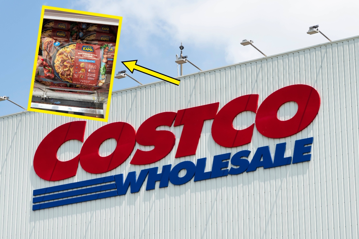Costco storefront features large bags of Fanta-flavored chips in a display, highlighted by a yellow arrow, related to a Tasty article