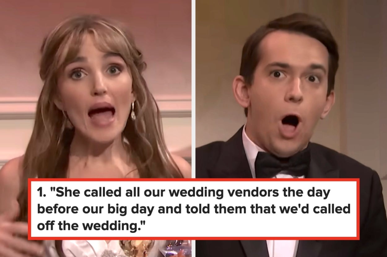 Two people with surprised expressions; caption: "She called all our wedding vendors the day before and told them we'd called off the wedding."