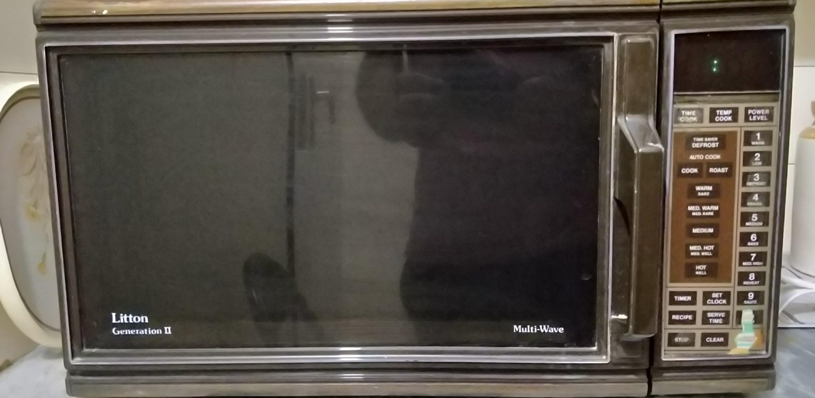 Vintage Litton Generation II Multi-Wave microwave with control panel visible, sitting on a kitchen counter