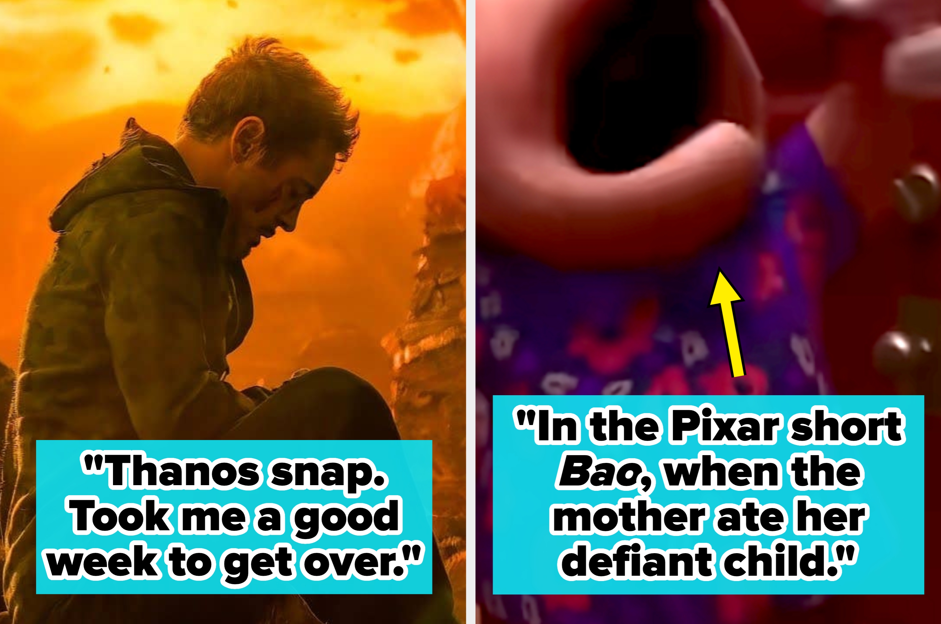 Two side-by-side scenes: one of a man reacting to Thanos' snap, another from the Pixar short "Bao" with text discussing an emotional moment