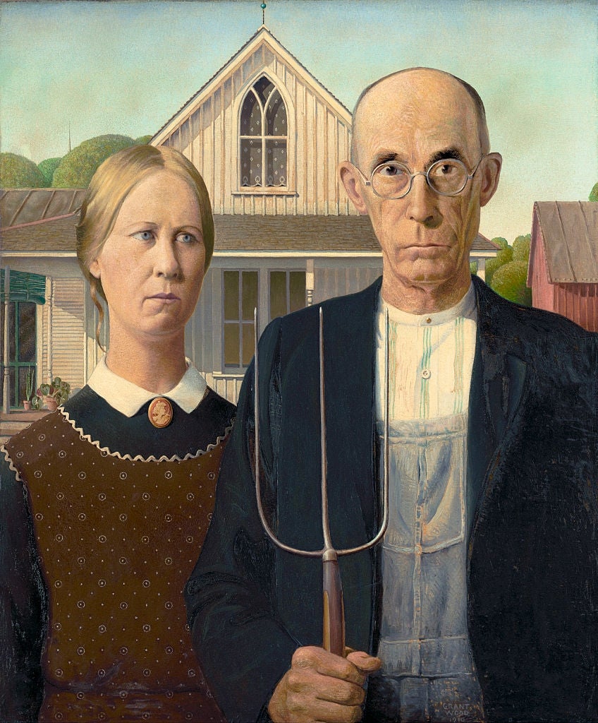 A antheral   and pistillate   successful  play  covering  basal   successful  beforehand   of a farmhouse, the antheral   holding a pitchfork, evoking agrarian  American life