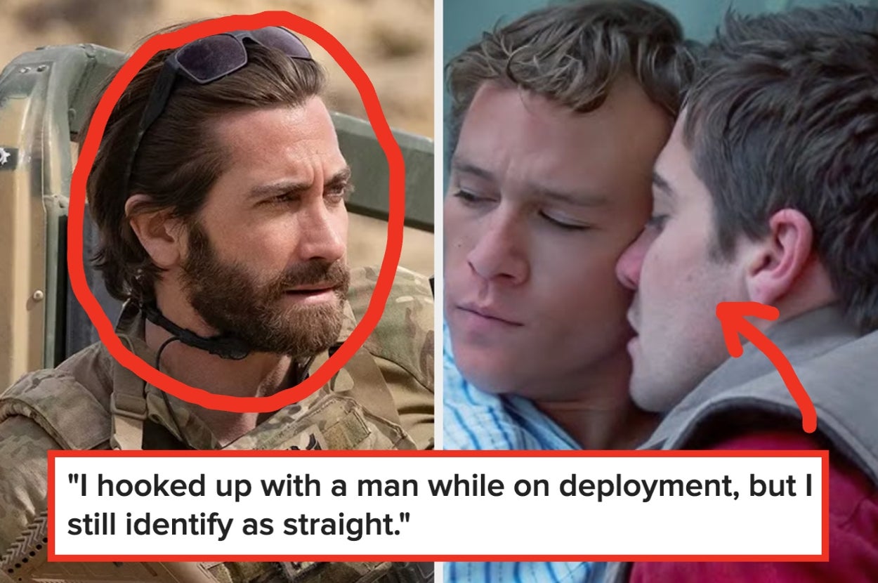 Two images: Left shows a soldier with a beard and sunglasses. Right shows a close moment between two men. Text below: “I hooked up with a man while on deployment, but I still identify as straight.”