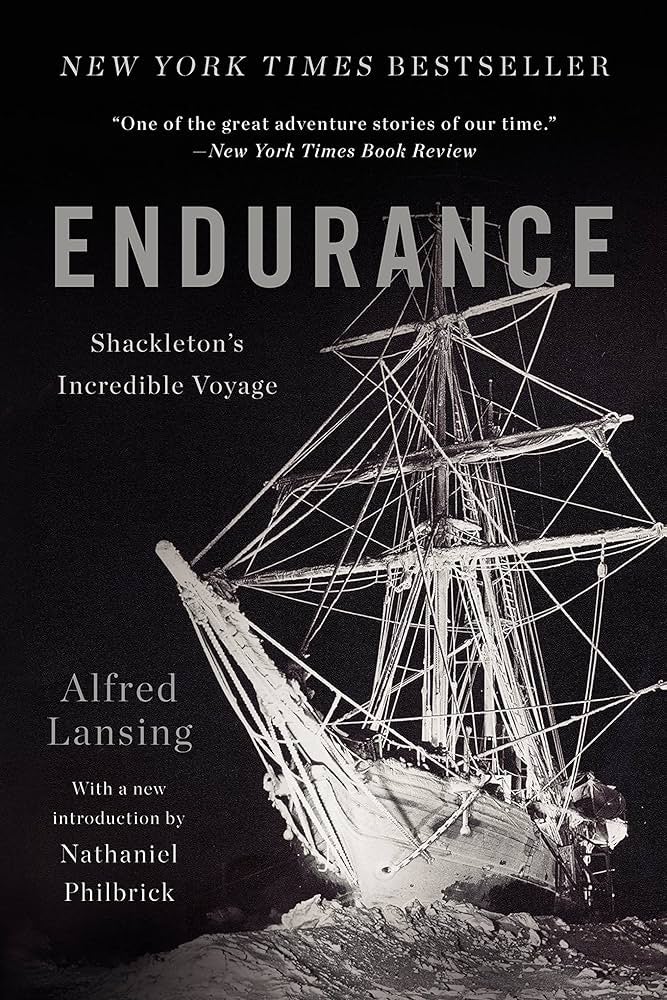 Book cover for "Endurance" by Alfred Lansing, featuring a photo of a ship trapped in ice. Includes praise from the New York Times Book Review