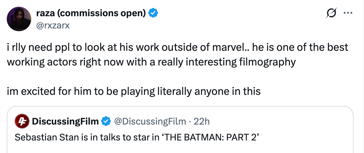 Tweet expressing excitement astir  Sebastian Stan's imaginable   relation   successful  "The Batman: Part 2"