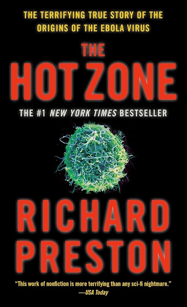 Cover of "The Hot Zone" by Richard Preston, featuring a microscopic virus image, described as a terrifying true story about the origins of Ebola