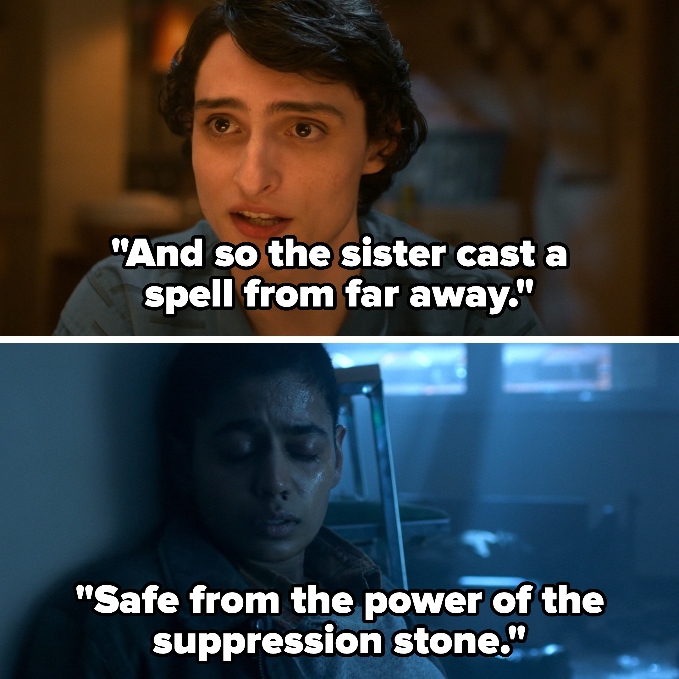  The first shows a person speaking inside a room. The second shows someone exhausted and leaning against a wall in dim light