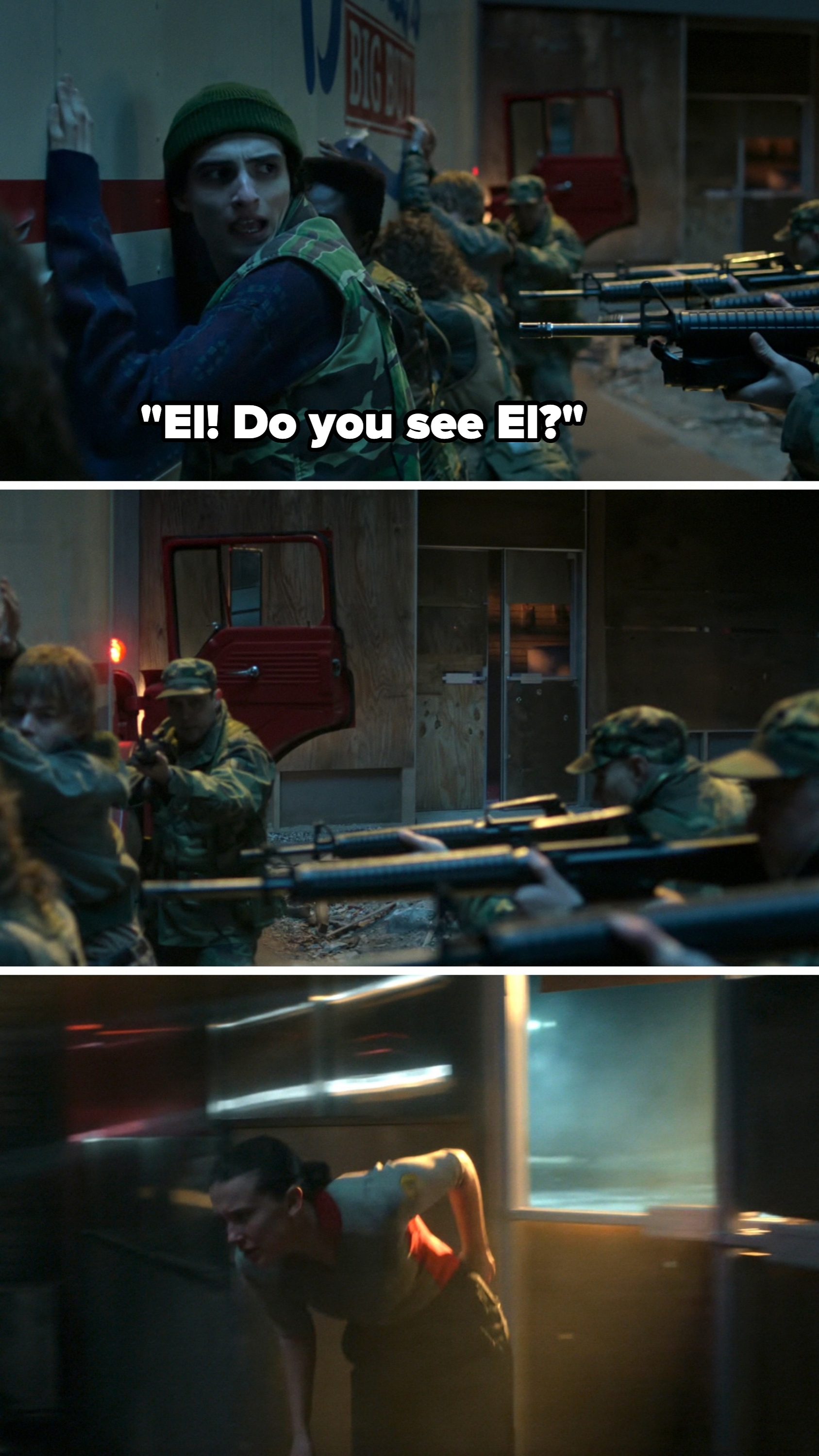  Armed personnel aiming rifles, a person wearing a beanie and camo vest, and a person bending over in a semi-lit environment