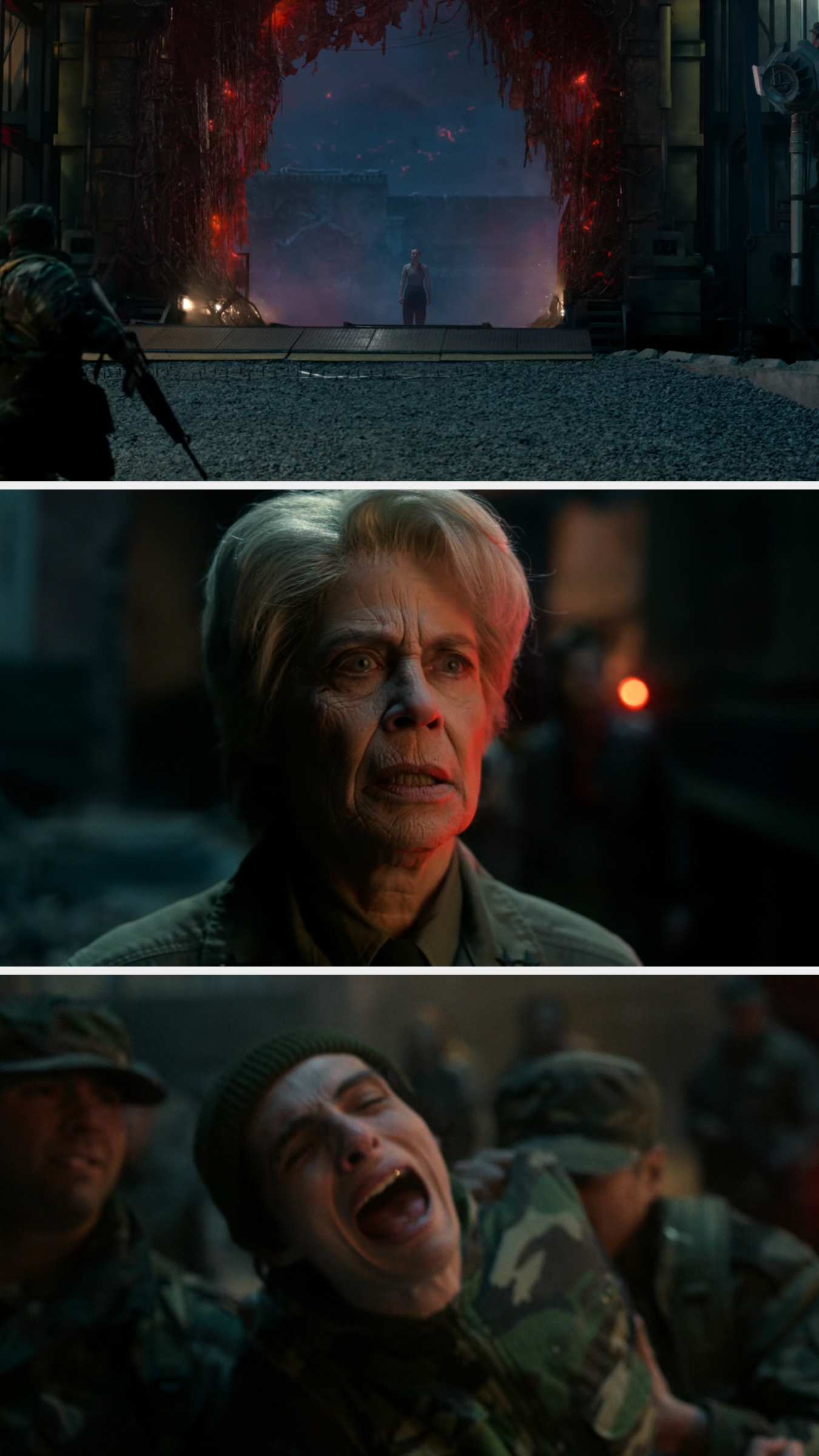 A person walks through a red-lit portal; a concerned elderly figure and a soldier’s emotional moment frame the scene, suggesting tension and anticipation
