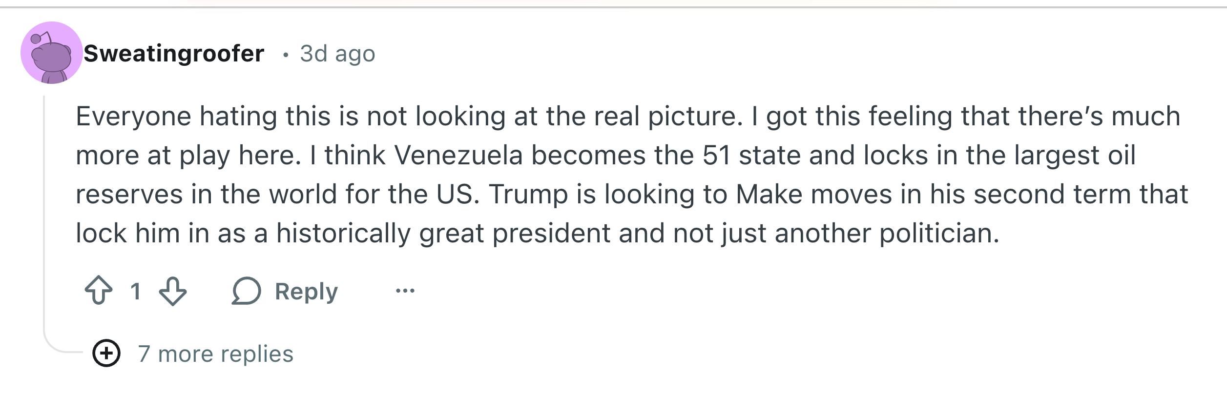 Kommentar som antyder at Venezuela blir en amerikansk stat for oljereserver, og Trump sikter mot historisk arv i en annen periode