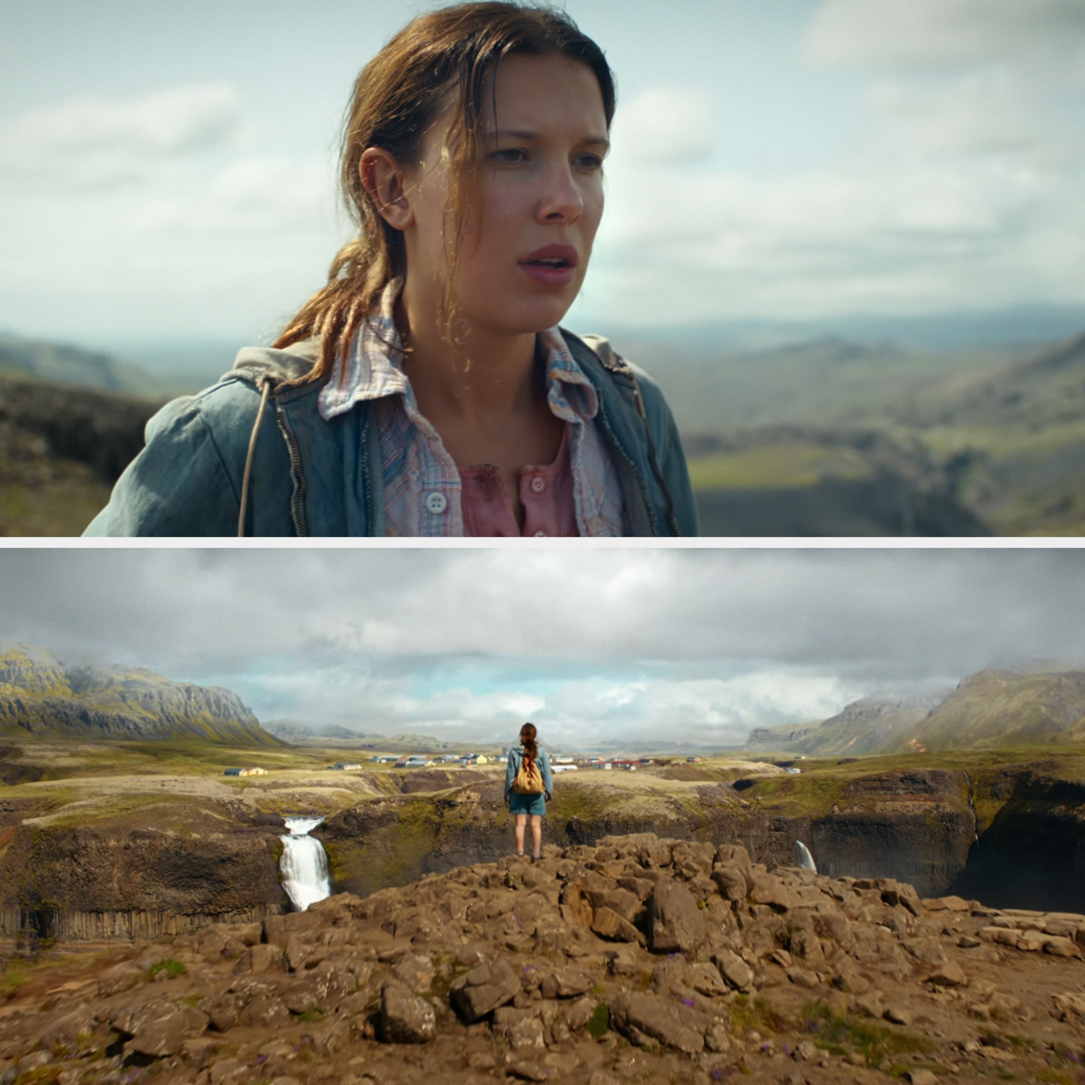 A person with braided hair looks concerned in a mountainous area; the same person stands on a rocky cliff overlooking a waterfall and village