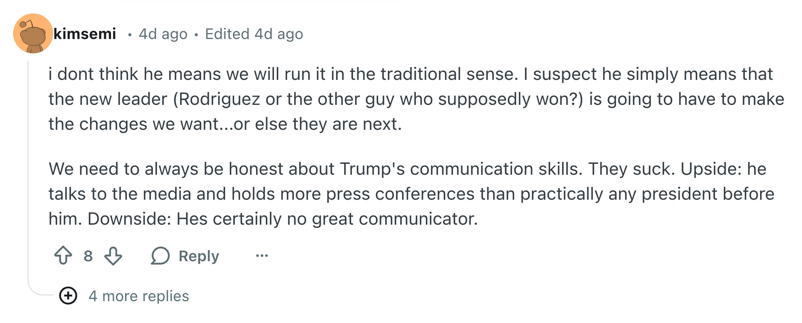 Kommentar som diskuterer implikasjonene av en ny leders kommunikasjonsevner sammenlignet med Trump, og nevner pressekonferanser og ærlighet