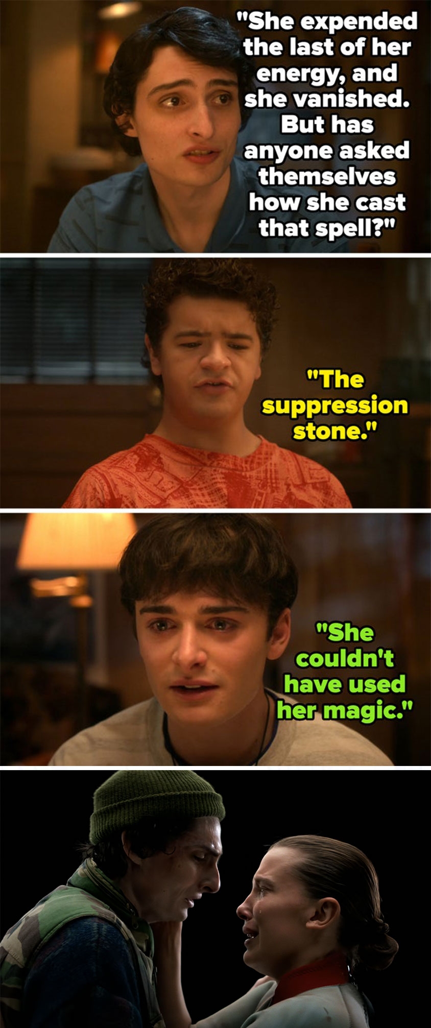 Four screenshots of characters arguing about magic and a spell in a dramatic scene