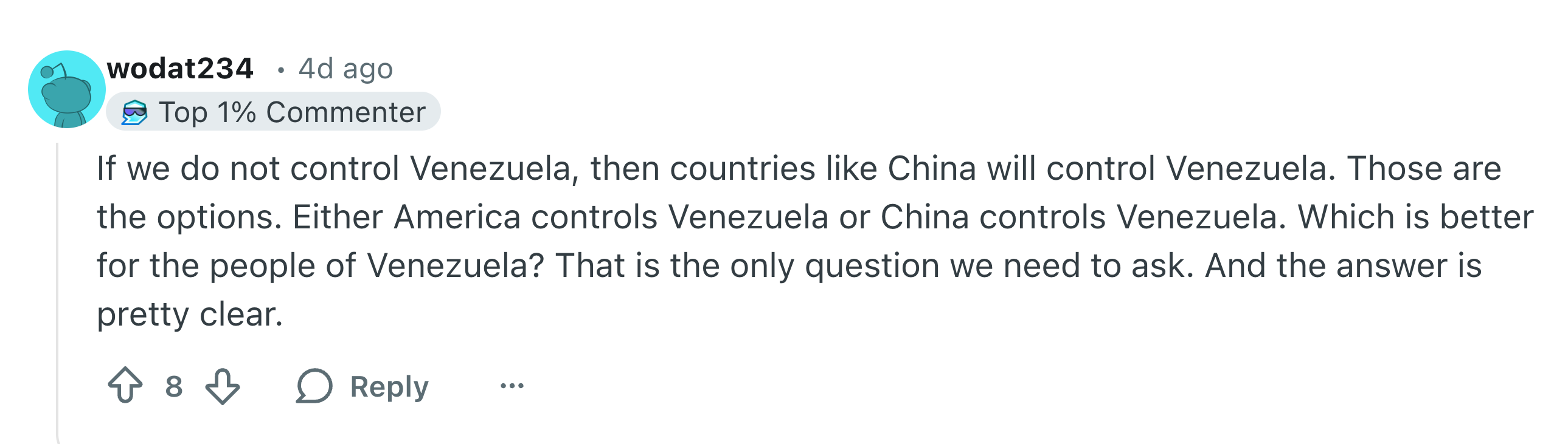 Kommentarer på sosiale medier diskuterer Venezuelas kontroll, nevner Amerika og Kina som potensielle påvirkere, og stiller spørsmål ved hva som er best for venezuelanere