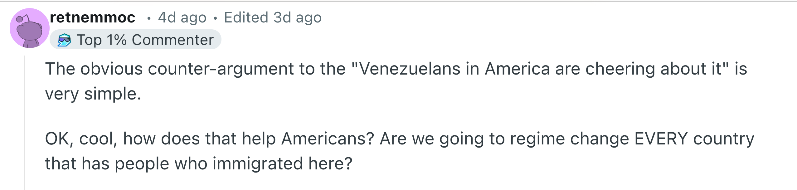 Kommentar som stiller spørsmål ved ideen om regimeendring basert på jubelende venezuelanere i Amerika, og spør hvorfor ikke gjelde det samme for Storbritannia