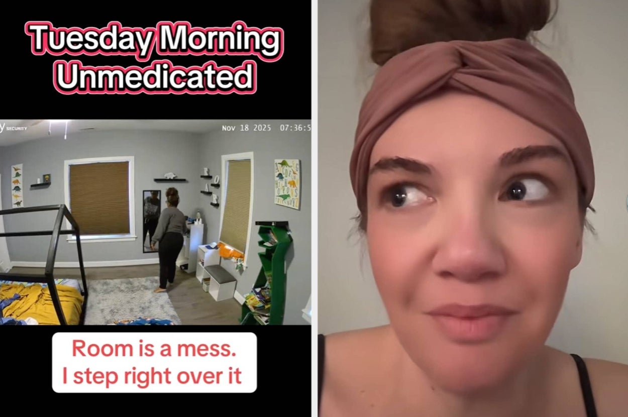 Split image: Left shows a woman avoiding room clutter; right shows her smiling. Text: "Tuesday Morning Unmedicated. Room is a mess. I step right over it."