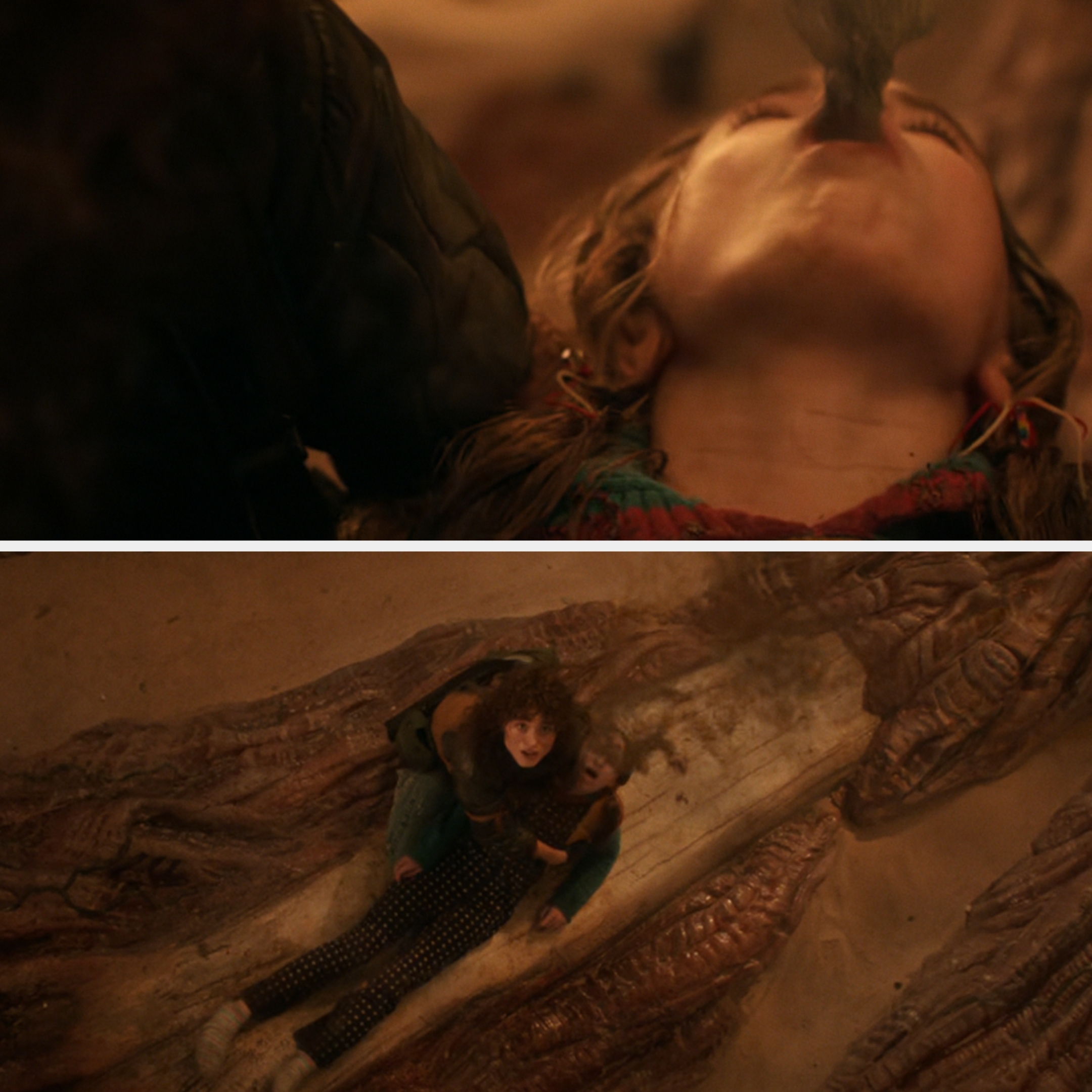 Two connected images show people engaged in a dramatic scene with one person lying down and another, seen from above, near a mouth