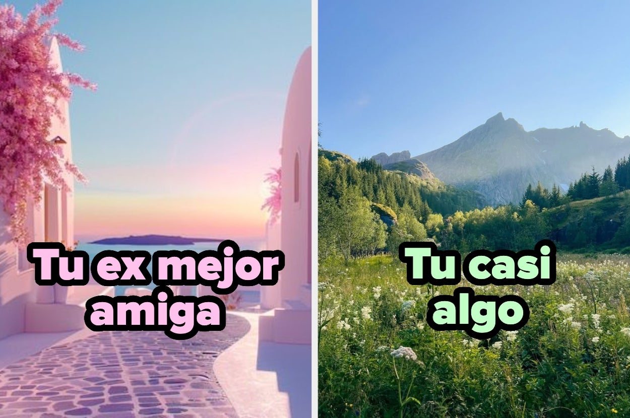 Montaje de dos paisajes: una calle pintoresca con "Tu ex mejor amiga" y un campo montañoso con "Tu casi algo"