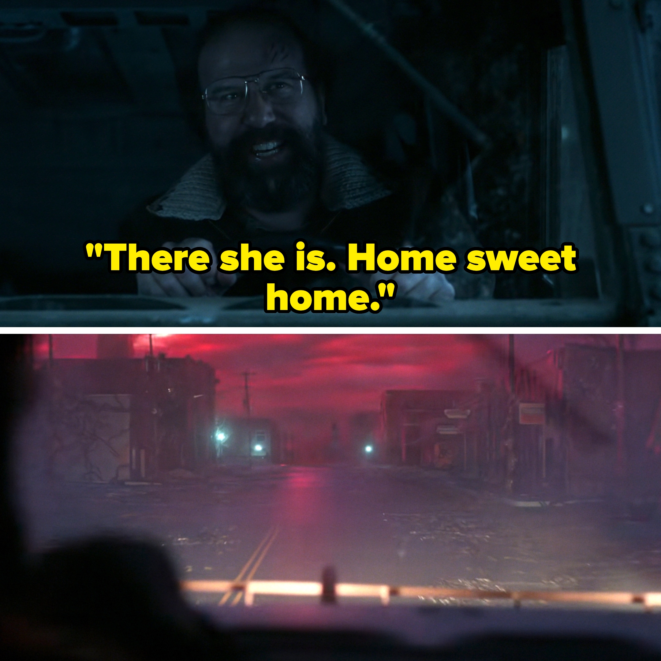 Man driving a vehicle at night with a serious expression, and view through the windshield shows an eerie, empty street
