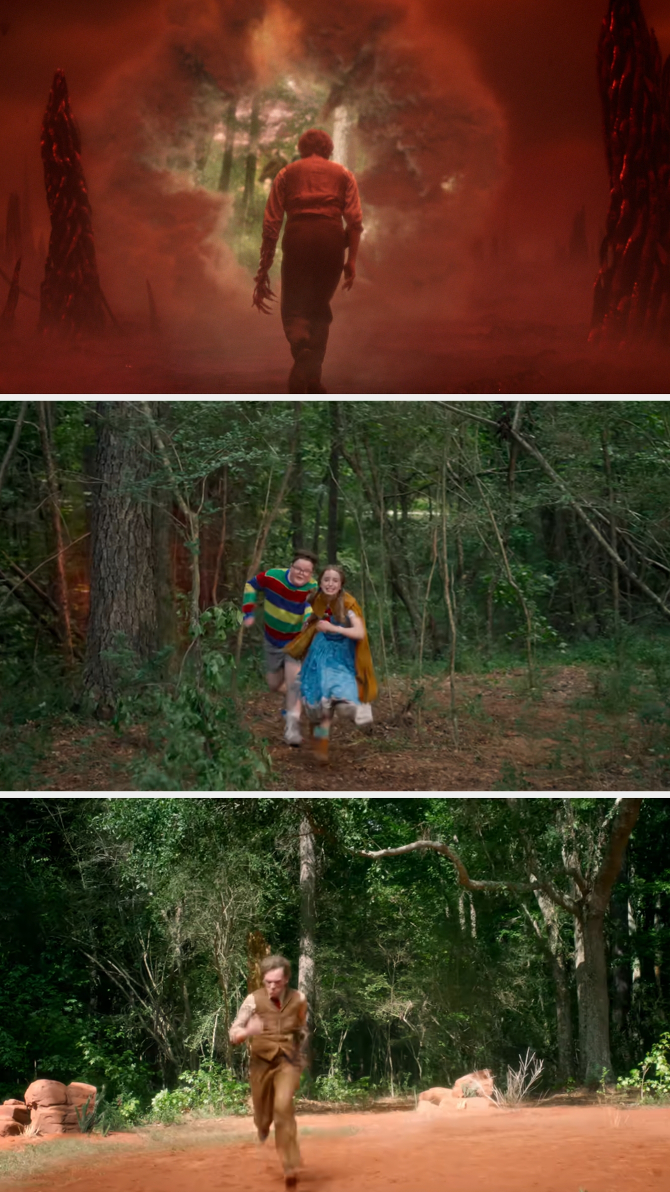 A person walks through a mystical portal in a forest, two people run happily in the woods, and a separate individual runs with urgency