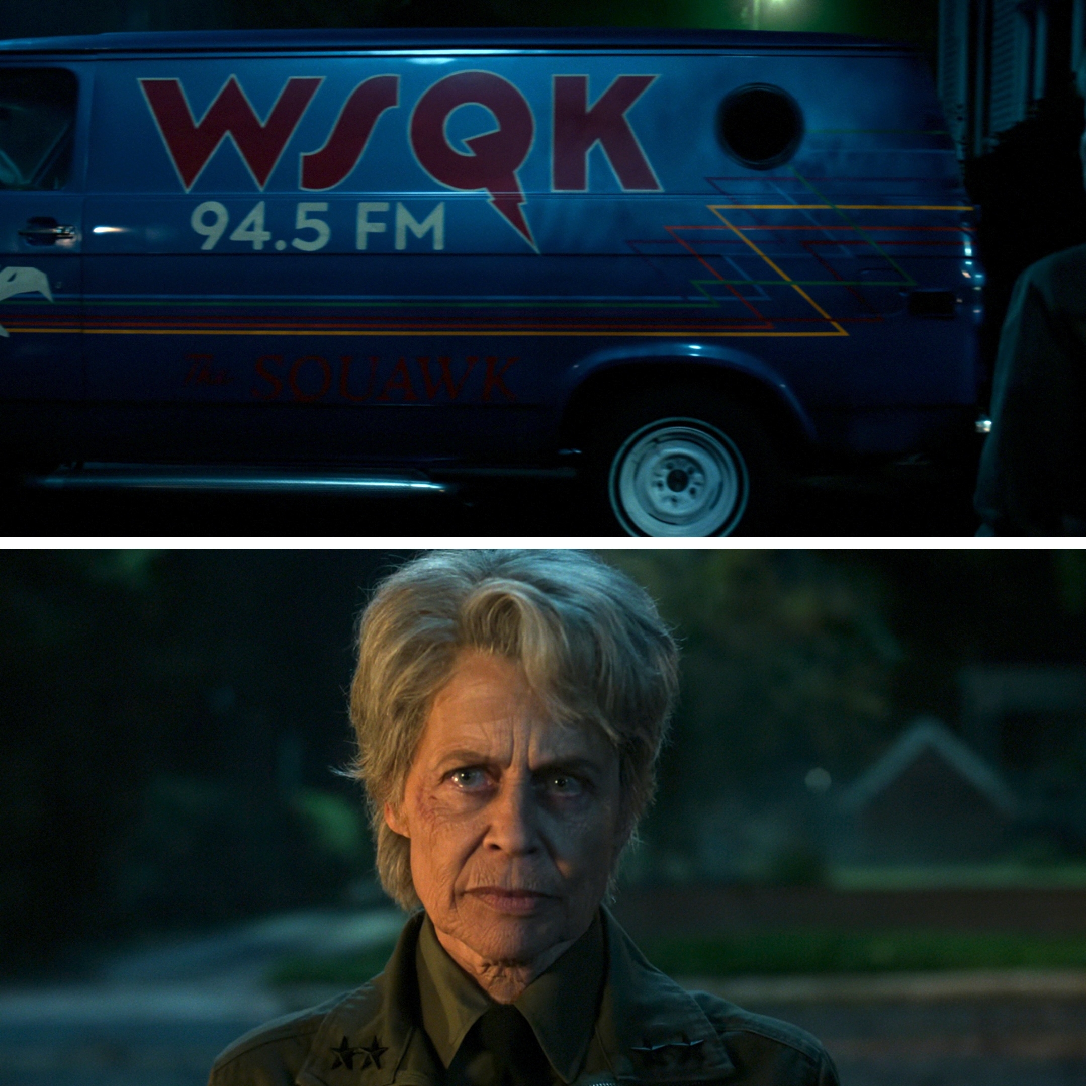 A woman in a military-style jacket stands in front of a van marked "WSQK 94.5 FM."
