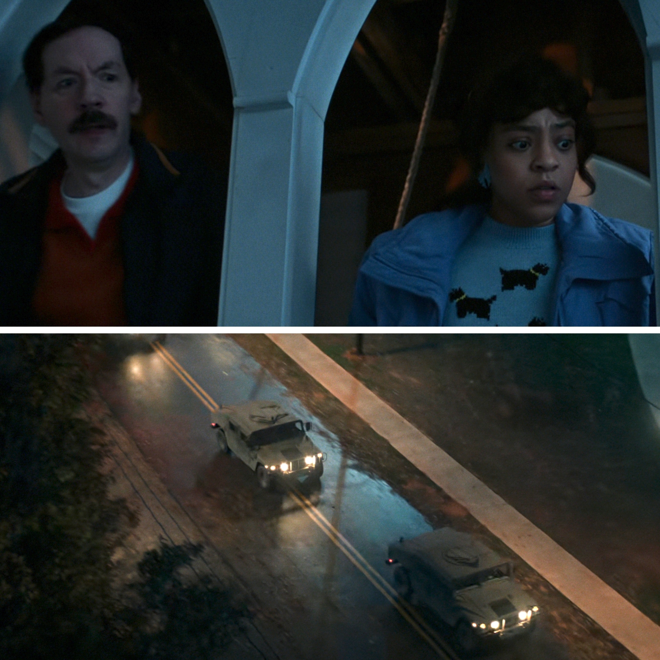 Two concerned people look out; below, two military vehicles drive on a rain-soaked road at night