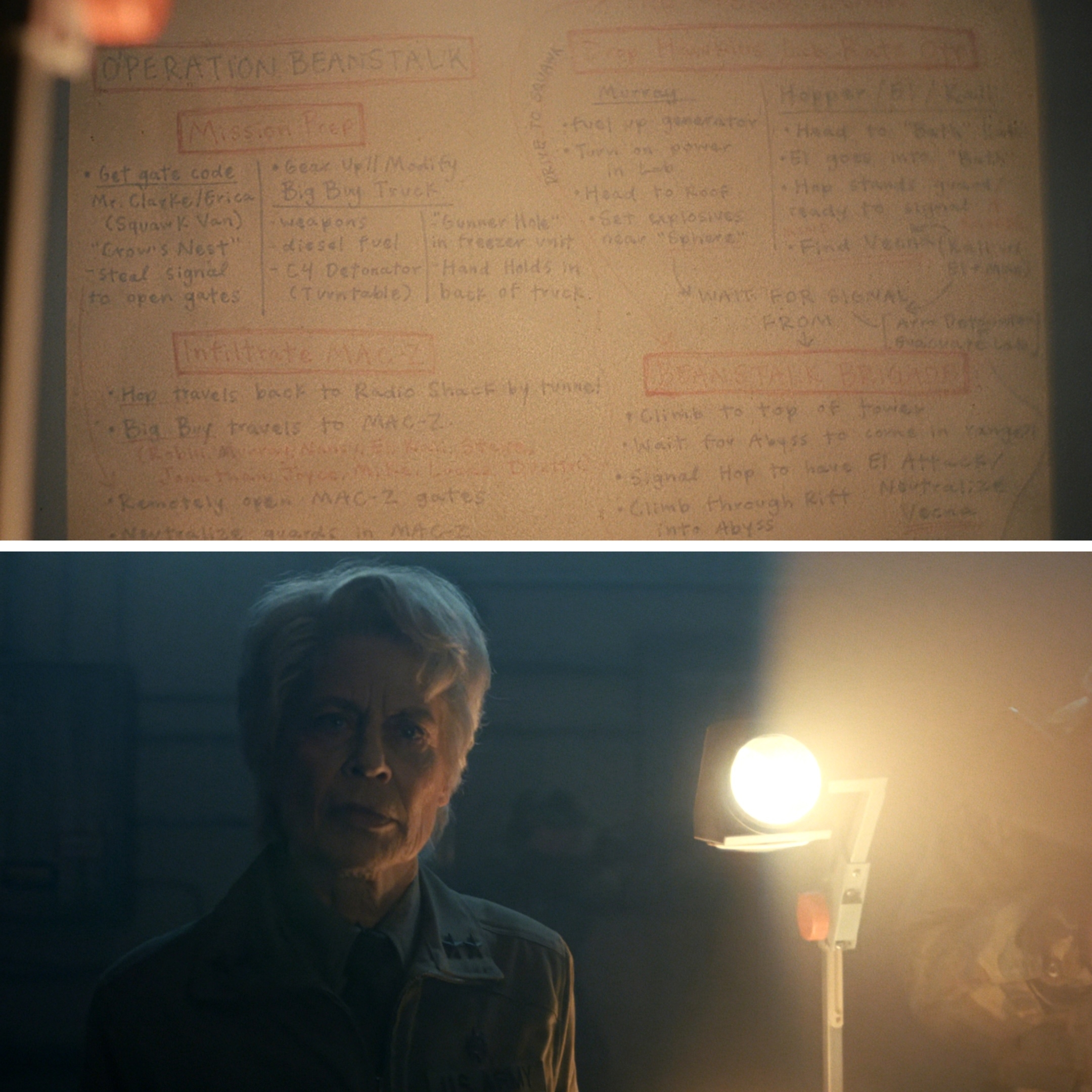  Top shows a handwritten plan labeled "Operation Beanstalk" with various details. Bottom shows a person standing in dim light next to a bright lamp
