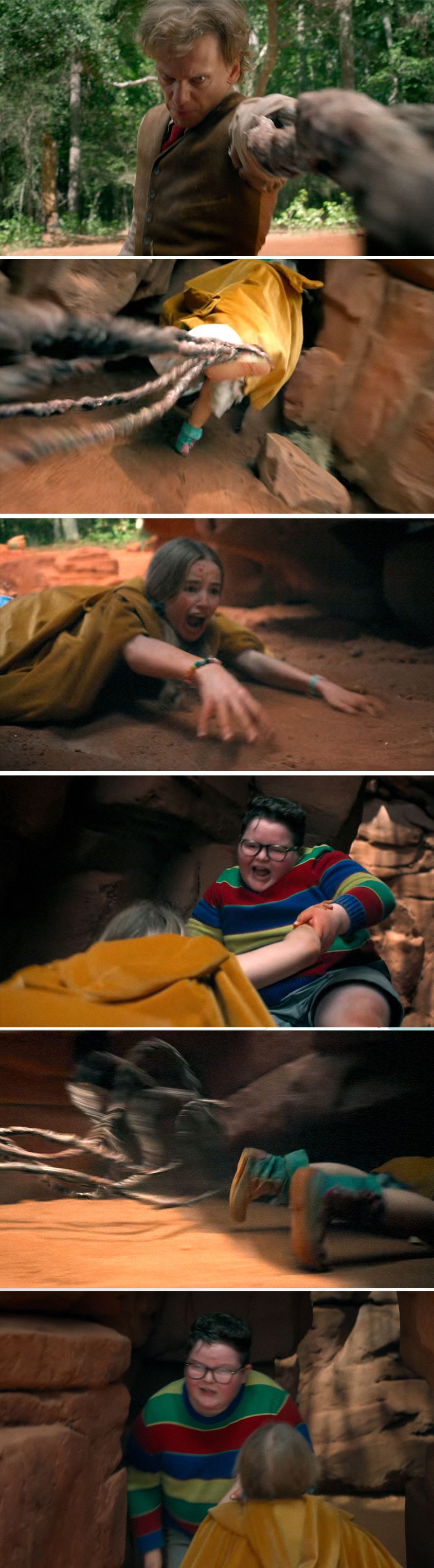 A tiger saves a child from a man in the jungle, gripping the child with its teeth and running away. The child’s facial expression shows fear