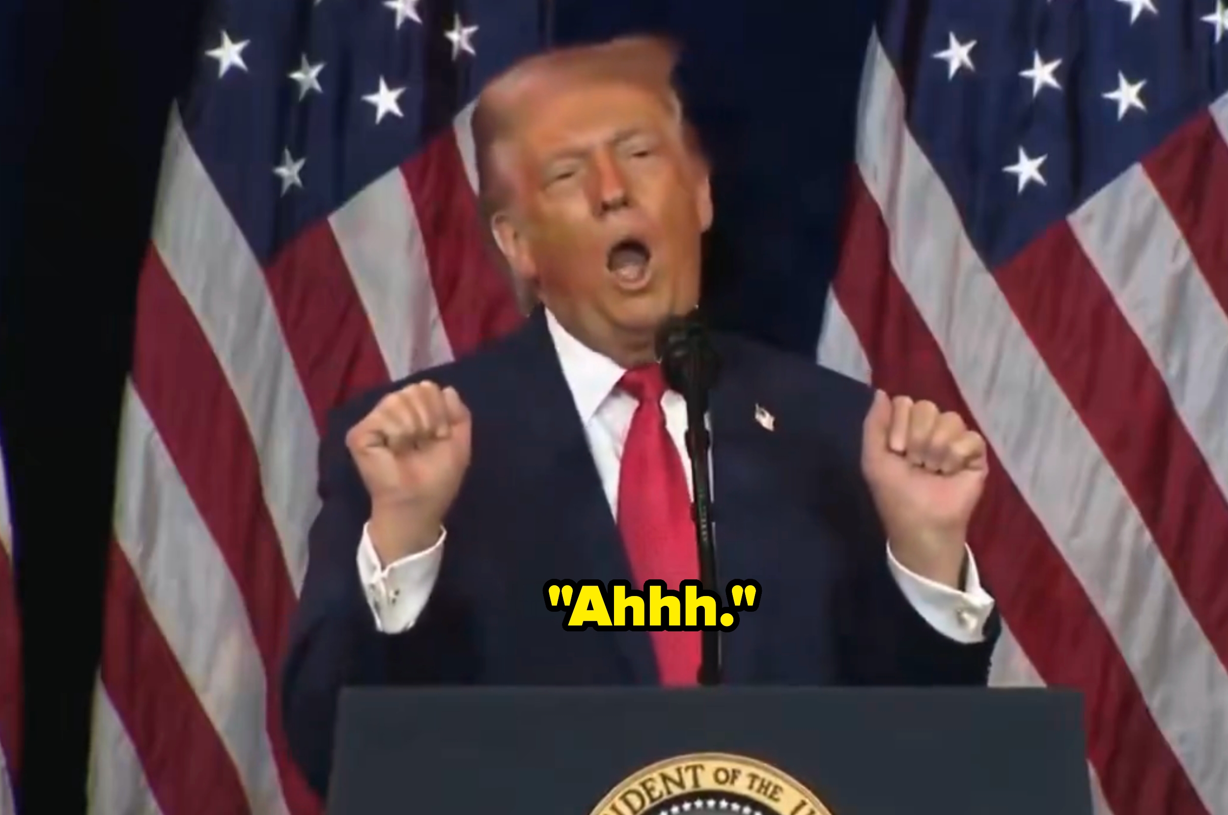 En person som snakker ved et podium, gestikulerer med begge hender, foran amerikanske flagg. Teksten på bildet lyder: "Ahhh."