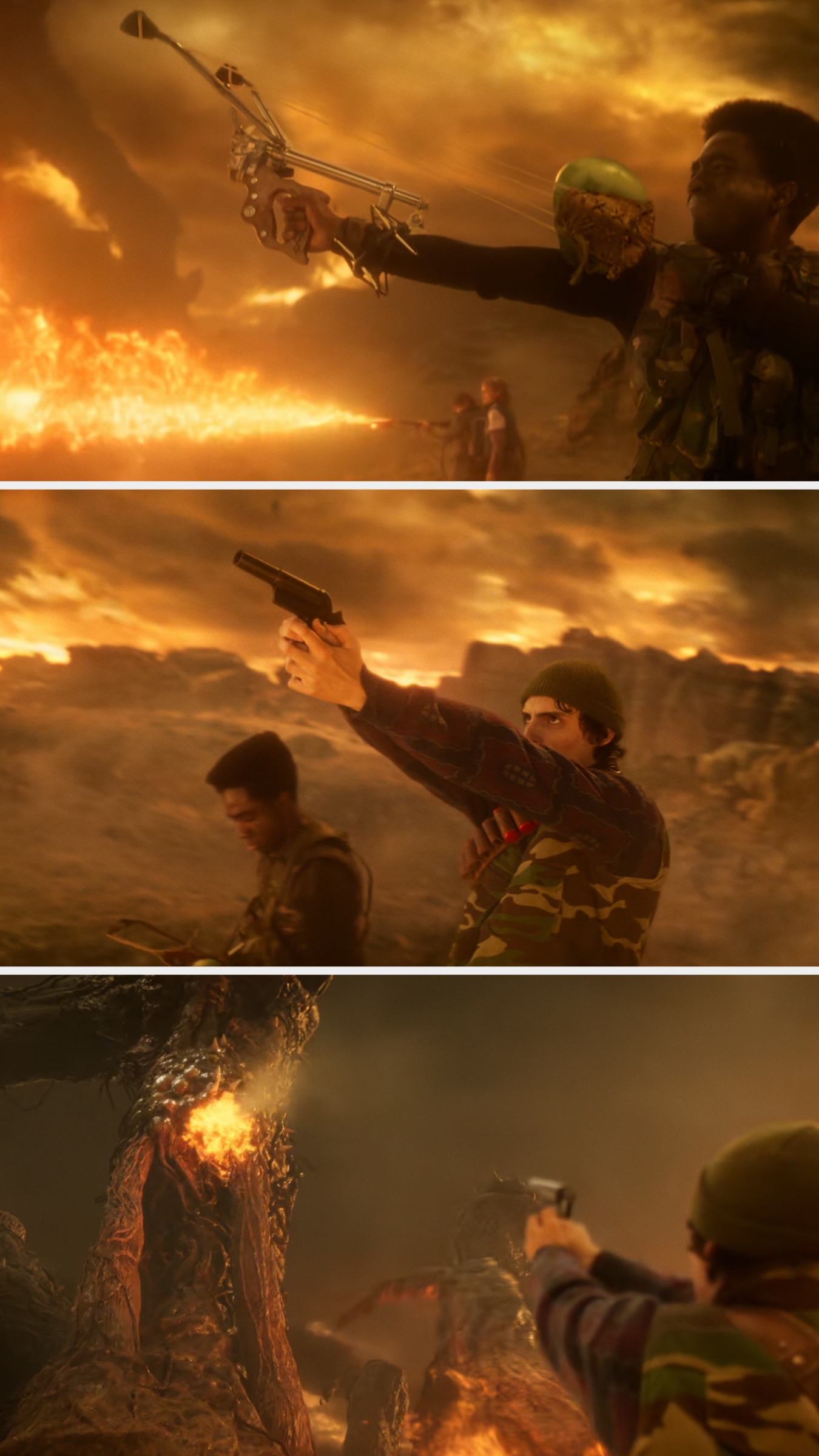 Three figures in a desert, wearing military-style clothing, aim weapons at large, fiery creatures in a dramatic scene