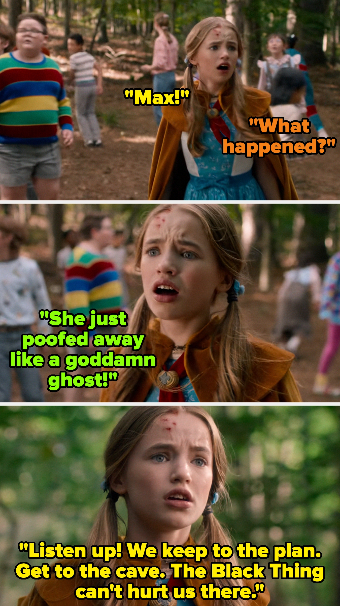 Three images show a young girl in the forest exclaiming and strategizing about reaching a cave for safety from a threat called "The Black Thing."