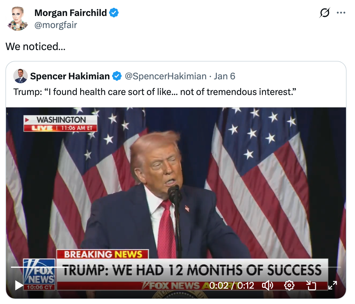 Skjermbilde av en tweet som viser et nyhetsklipp der en offentlig person diskuterer helsetjenester, med bildetekster om å ha 