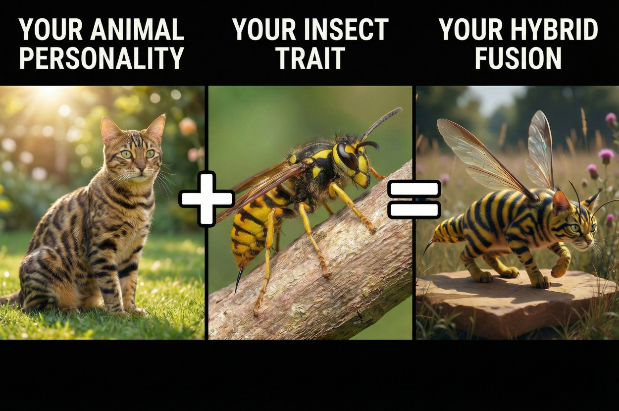 Cat plus wasp equals a hybrid feline with wasp traits, featuring stripes and wings, standing in grass